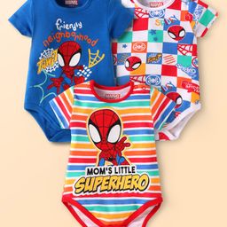 Babyhug Marvel Interlock Knit Half Sleeves Onesies with Spiderman Graphics Pack of 3 - Multicolor-image-89