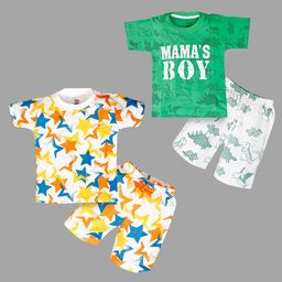 Tiny Hugs Cotton Pack Of 2 Half Sleeves Dinosaurs & Stars Printed Tees & Shorts Set - Multi Colour-17