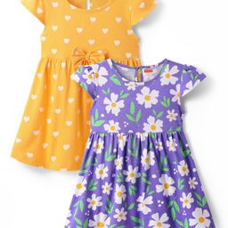 Babyhug Single Jersey Knit Cap Sleeves Floral & Heart Printed Frocks With Bow Applique Pack of 2 -Orange & Navy Blue-image-11