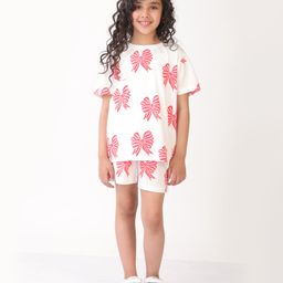 Anthrilo Blended Half Sleeves Bow Printed Tee With Coordinating Shorts Set - White-image-116