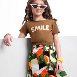 OLLINGTON ST. Cotton Knit Half Sleeves Top & Printed Twill Skirt Set - Brown & Multicolor-image-9