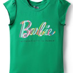 Lil' Drama Cotton Knit Mattel Featuring Short Sleeves Barbie Text Printed Top - Green-image-65
