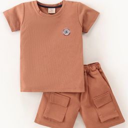 Rikidoos Half Sleeves Textured Tee & Coordinating Shorts Set - Brown-image-29