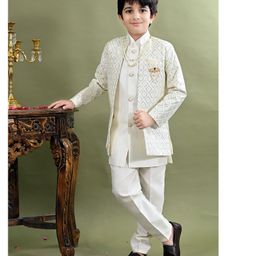 BT DEZINES Silk Blend Woven Full Sleeves Solid Sherwani & Pant With Ethnic Embroidered Jacket & Necklace Set - White-image-95