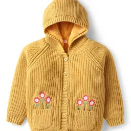 Babyhug Knit Full Raglan Sleeves Hooded Sweater With Floral Embroidery - Mustard-picture-49