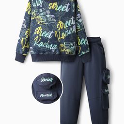 OLLINGTON ST. Cotton Full Sleeves Sweatshirt With Text Print & Knit Joggers Set - Navy Blue & Black-image-25