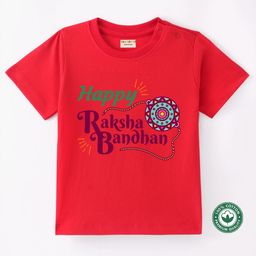 BLUSHES 100% Cotton Knit Raksha Bandhan Theme Half Sleeves Happy Raksha Bandhan Text Printed Tee - Red-image-17