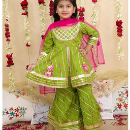 BownBee Pure Cotton Lurex Woven Three Fourth Sleeves Leheriya Printed Gota Lace Embellished Coordinating Kurti Sharara With Dupatta Set - Green-image-61
