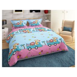 BHAIJI BEDSHEETS Glace Cotton Bed Sheet Double Bed With 2 Pillow Covers Kids Cartoon Prints - Giraffe Lion elephant Animal Trains-image-96