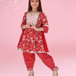 Cutecumber Cotton Woven Three Fourth Sleeves Jaipuri Block Printed & Gota Lace Embellished Kurti Salwar With Dupatta Set - Red-picture-1