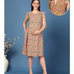 Zelena 100% Rayon Woven Frill Sleeves Floral Printed Maternity Dress With Centre Front Access - Yellow-picture-36