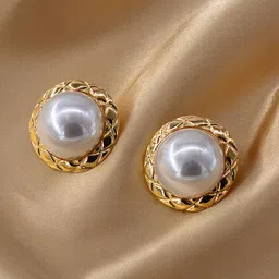 KRENOZ Gold-Plated Pearls Studded Circular Shaped Textured Rim Studs-6