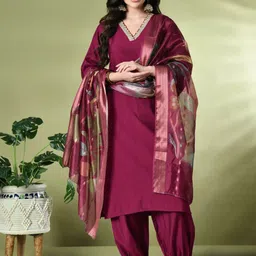 KALINI Floral Yoke Design V-Neck Zari Straight Kurta With Salwar & Dupatta-image-56