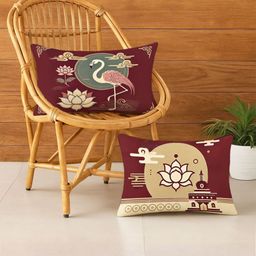 STITCHNEST Maroon & Grey 2 Pieces Ethnic Motifs Satin Rectangle Cushion Covers-0