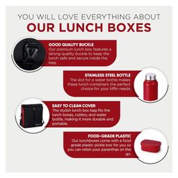 Oliveware Teso Elite Lunch Box With Steel cutlery,3 Microwave Safe, Plastic Pickle Box and Steel Water Bottle-Maroon image 3