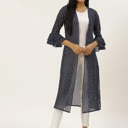 WISSTLER Women Navy Blue & White Polka Dots Printed Open Front Shrug-11