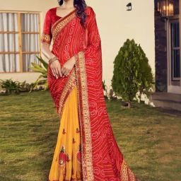 Satrani Red & Yellow Printed Saree With Unstitched Blouse-picture-18