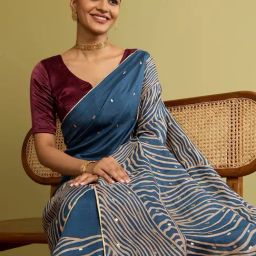 Taneira Dark Blue Murshidabad Block Printed Pure Silk Saree-picture-8