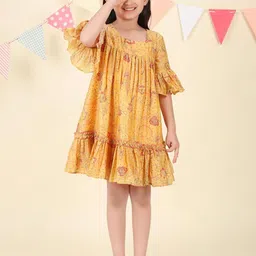Fabindia Floral Print Bell Sleeve Fit & Flare Dress-image-75