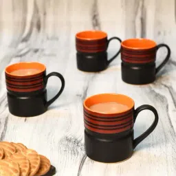 Unravel India Black & Orange Ceramic Matte Work Coffee Cup - Set of 6-image-5