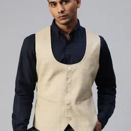 ManQ Beige Sleeveless Scoop Neck Waistcoat-image-4