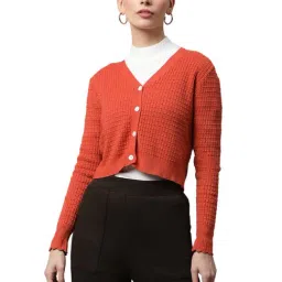 Global Republic Rust Full Sleeves Jacquard Crop Cardigan-47