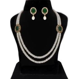 Sri Jagdamba Pearls Cherished Memories Green & Pearl White Necklace and Earring Set-16