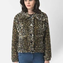Crimsoune Club Beige & Black Animal Print Fur Jacket-image-87