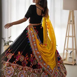 Pandadi Saree Embroidered Mirror Work Semi-Stitched Lehenga & Unstitched Blouse With Dupatta image 2
