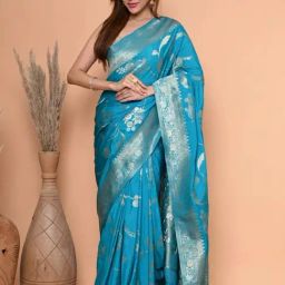 BEATITUDE Blue Pure Georgette Handloom Weaving Saree-image-33