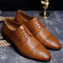 Louis Stitch Tan Italian Leather Dual Tone Patina Formal Derby Shoes-image-34