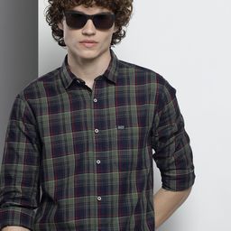 The Indian Garage Co Men Navy Blue & Olive Green Tartan Checked Casual Shirt-picture-28