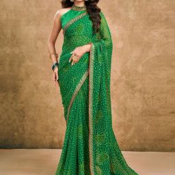 Satrani Green Georgette Printed Saree With Unstitched Blouse-image-35