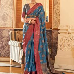 Saree Mall Blue & Pink Woven Saree With Unstitched Blouse-image-32
