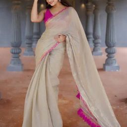 Satrani Beige Net Woven Saree With Unstitched Blouse image 4