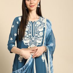 Anouk Women Blue Ethnic Motifs Embroidered Thread Work Kurta with Palazzos & With Dupatta-37