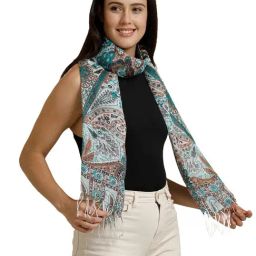 Linen Club Turquoise Blue Printed Pure Linen Stole-image-1