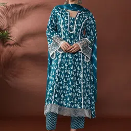 Anouk Floral Printed Thread Work Pure Cotton Straight Kurta With Trousers & Dupatta-picture-16