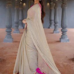 Satrani Beige Net Woven Saree With Unstitched Blouse image 3