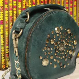 Art N Vintage Rivet & Concho Olive Leather Embellished Small Handbag-image-81