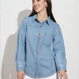 Miss Chase Light Blue Cotton Polyblend Solid Long Sleeves Shirt-picture-35