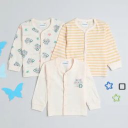 Bumzee Kids Cream & Yellow Printed Full Sleeves Jhablas (Pack Of 3)-image-100