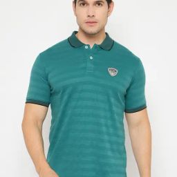 Duke Teal Blue Slim Fit Striped Polo T-Shirt-image-0