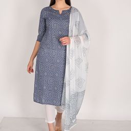 KALINI Floral Embroidered Notch Neck Pure Cotton Straight Kurta With Trouser & Dupatta-image-39