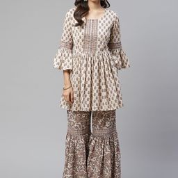 Divena Women Cream-Coloured & Brown Printed Pure Cotton Kurta with Sharara-image-21