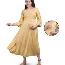 Mamma's Maternity Three Fourth Sleeves Balanced Striped Maternity Dress With Concealed Zipper Nursing Access - Light Yellow-image-83