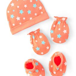 Babyhug 100% Cotton Knit Star Printed Cap Mittens & Booties Set- Orange-image-65