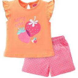 Babyhug Single Jersey Frill Sleeves Night Suit Strawberry Print - Orange & Pink-image-96