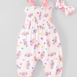Kookie Kids Sleeveless Jumpsuit with Headband  Candy Print - White-image-66