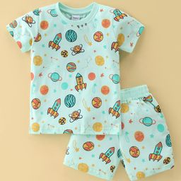 Taeko Single Jersey Half Sleeves T-Shirt & Shorts With Space Theme Print - Blue-image-97